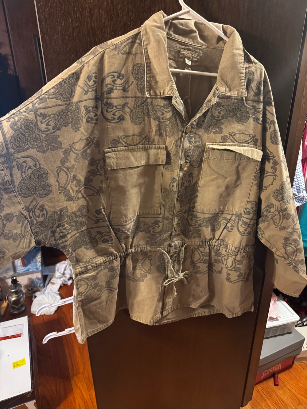 easel Tan Utility Jacket with Dark Floral Print